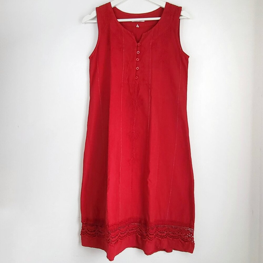 Red Peruvian Cotton Embroidered Boho Dress | Small